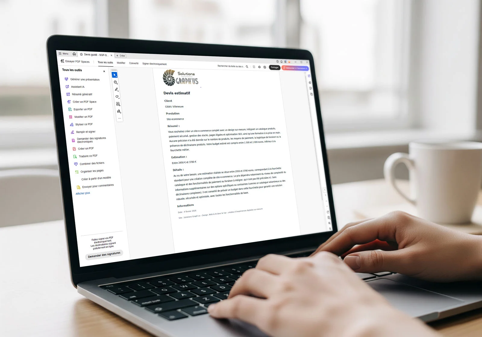Devis guidé Solutions Graph'us : aperçu d'une estimation structurée après le devis guidé pour un site web