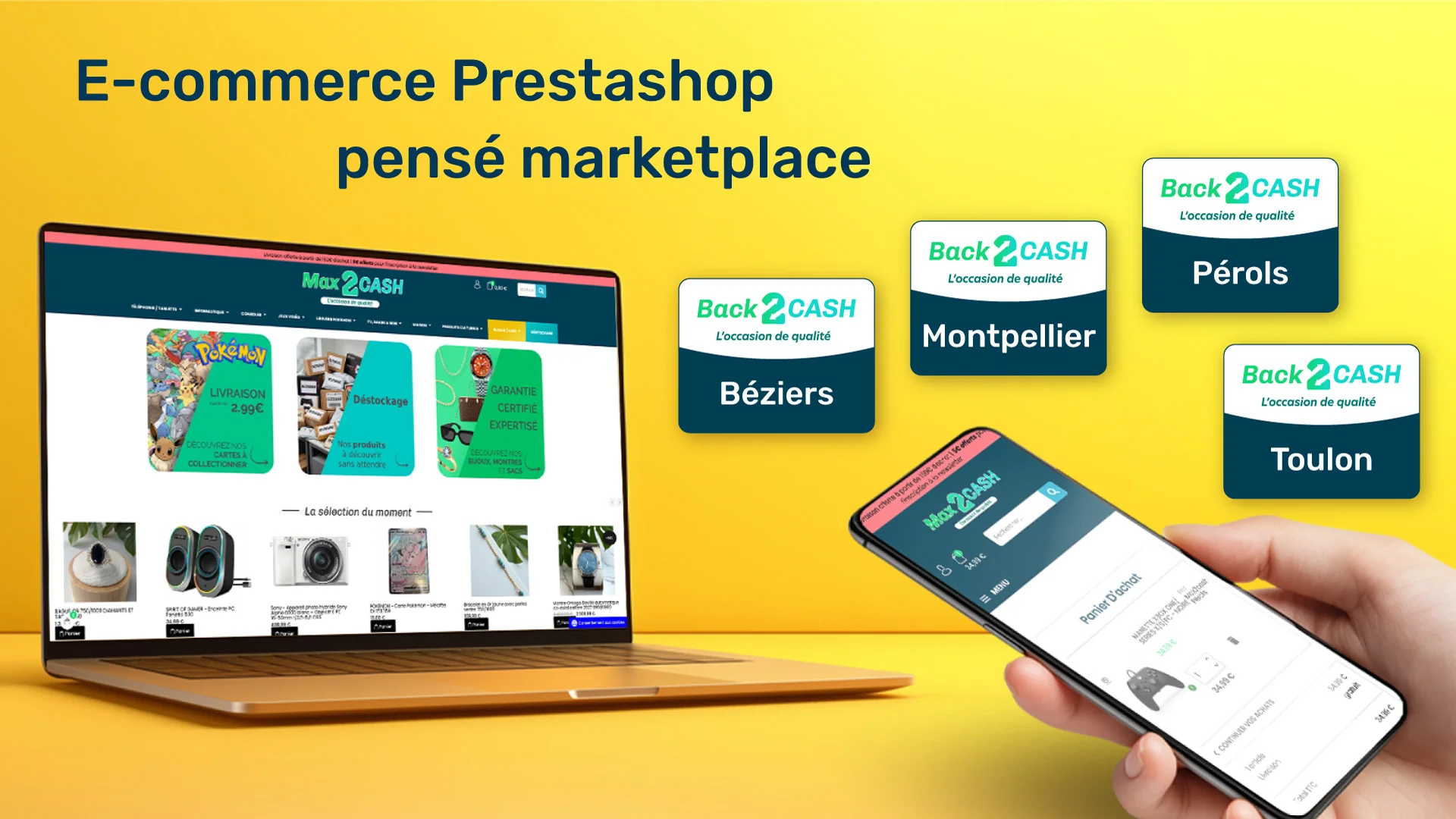 Site e-commerce PrestaShop Max2Cash avec catalogue produits, magasins, stocks synchronisés et vente en ligne