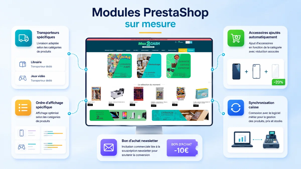 Modules PrestaShop sur mesure Max2Cash : transporteurs, ordre d'affichage, accessoires panier et synchronisation caisse