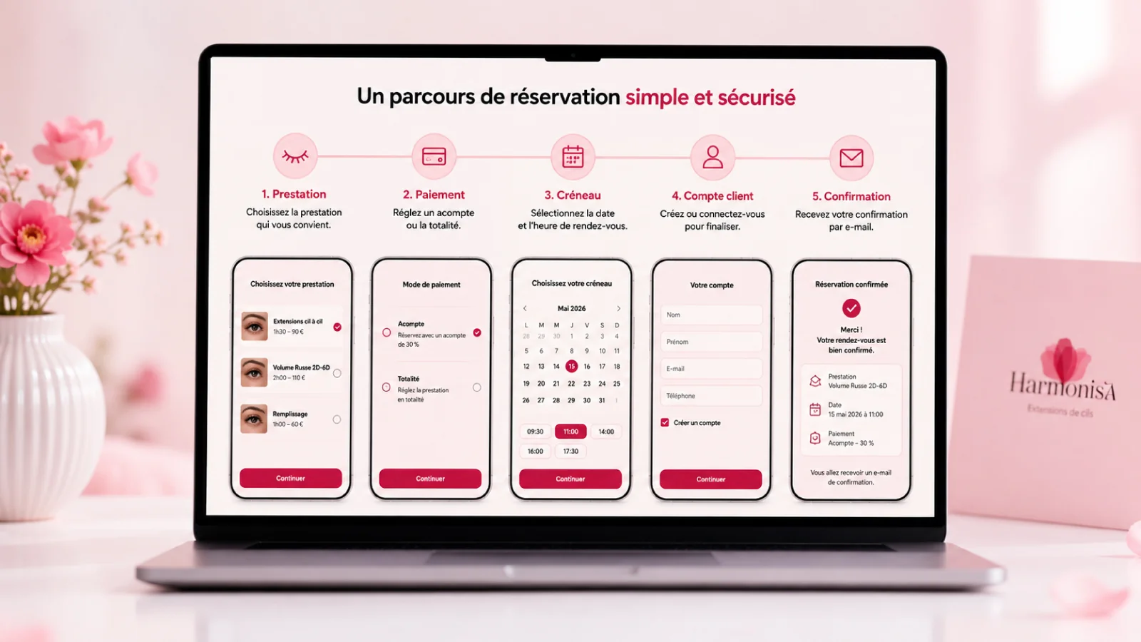 Parcours du site de réservation esthétique Harmonisa avec prestation, acompte, créneau et paiement en ligne