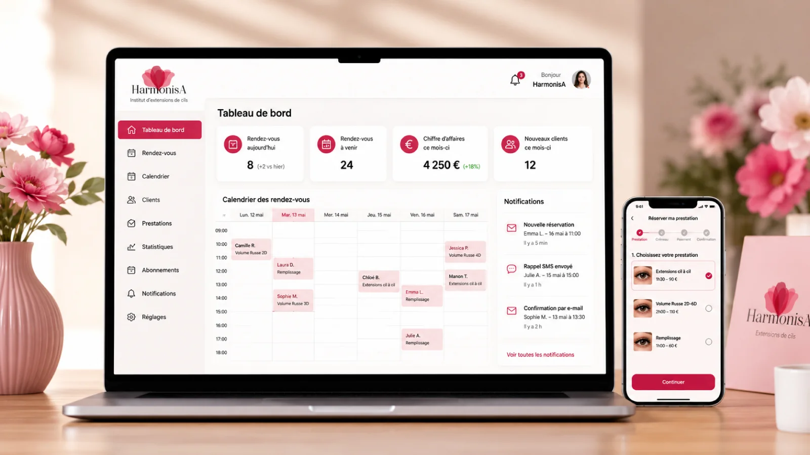 Refonte WordPress Harmonisa avec plugins sur mesure, calendrier, notifications SMS et tunnel de réservation simplifié
