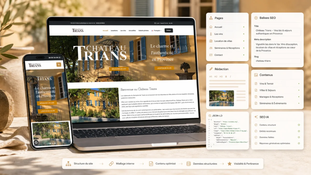 SEO interne de la refonte site web Château Trians avec balises rédaction et données structurées JSON-LD