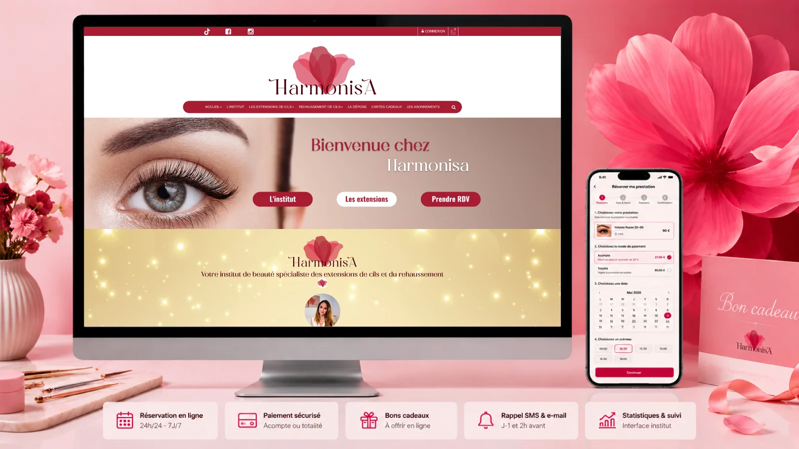 Site de réservation esthétique Harmonisa avec prestations, acompte en ligne, bons cadeaux et refonte WordPress