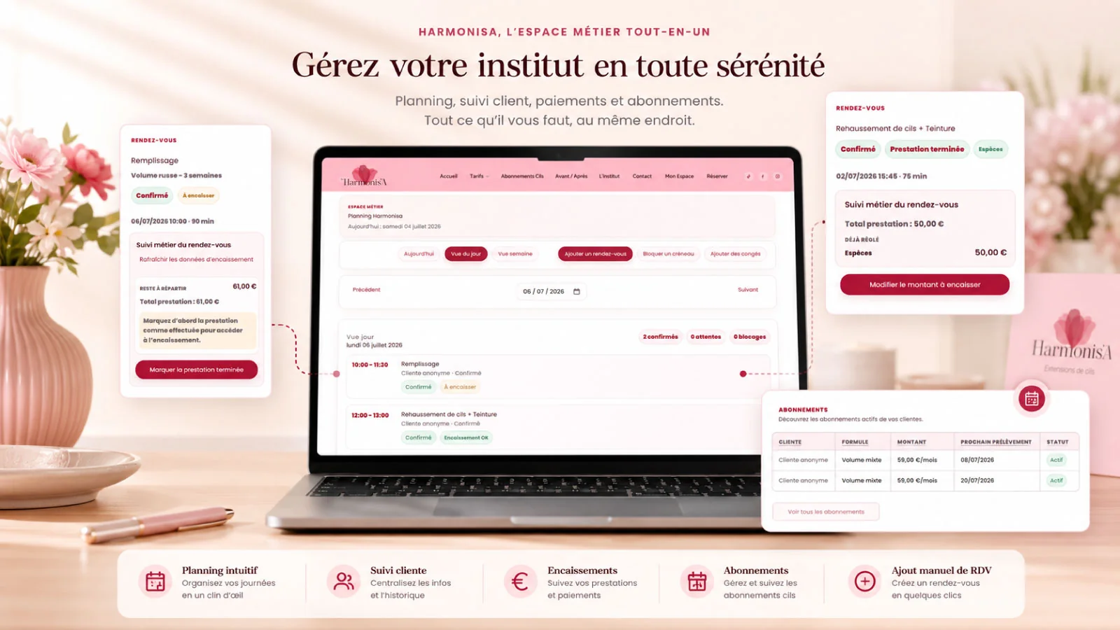 Espace de gestion Harmonisa avec planning de rendez-vous et suivi clientèle