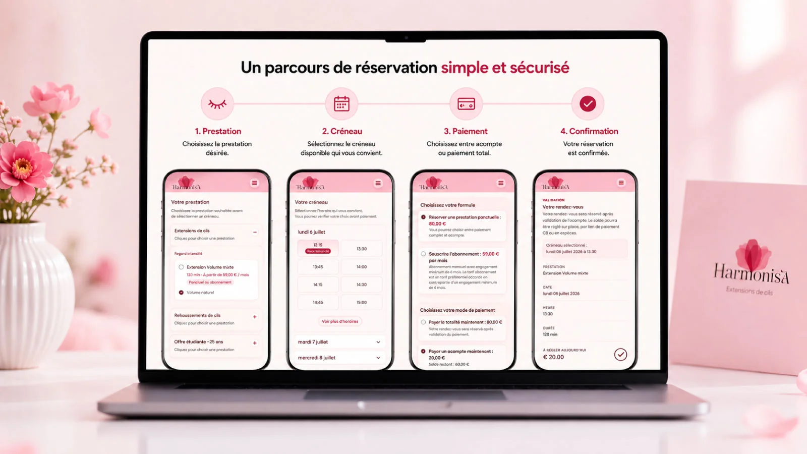 Parcours de réservation Harmonisa avec prestation, créneau et paiement en ligne